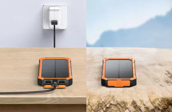 A portable solar charger connected to a device on a wooden table and the same charger on a rocky surface, disconnected.