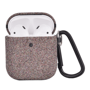 Airpods in a glittery case with a carabiner attached, against a green background.