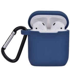 Wireless earbuds in an open blue charging case attached to a carabiner, isolated on a white background.