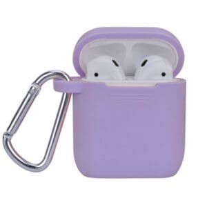 White wireless earbuds in a purple charging case with a lavender lid, attached to a silver carabiner.