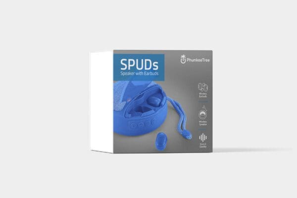 Product packaging for spuds speaker with earbuds by phunkeetree, featuring a blue wireless speaker and earbuds set, displayed with key features listed.