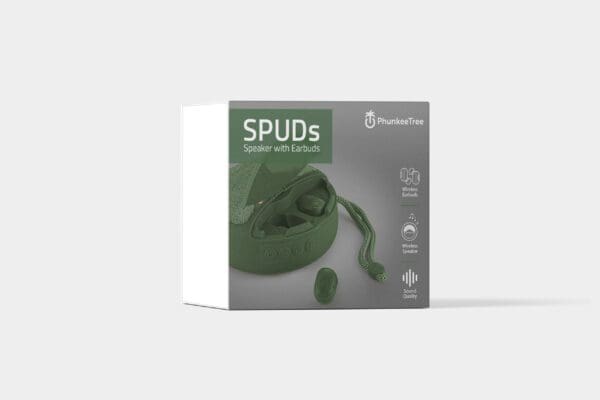 Packaging design of 'spuds speaker with earbuds' by phunketree, featuring a dark green color theme, images of the product, and highlighted features.
