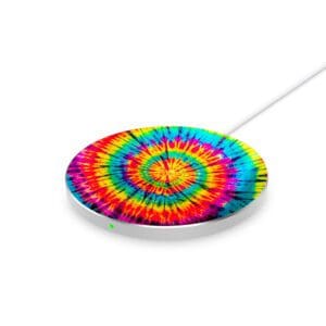 Colorful tie-dye pattern on a circular wireless charger with a white cable and a green indicator light.