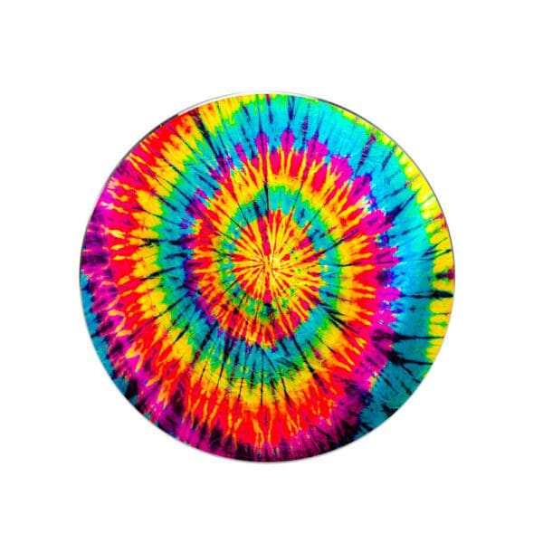 A vibrant, colorful tie-dye pattern with a radial design, featuring a spectrum of blue, green, yellow, red, and purple hues.