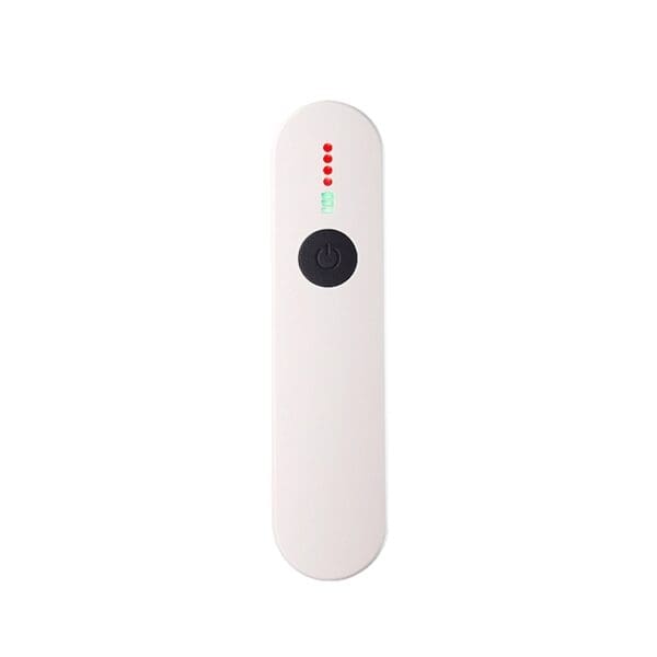 White remote control with a circular black button in the center and a vertical row of red and green lights above it, on a plain background.
