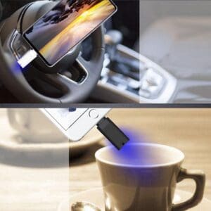 Collage of a smartphone in a car holder and a smartphone getting charged by a cup emitting blue light.