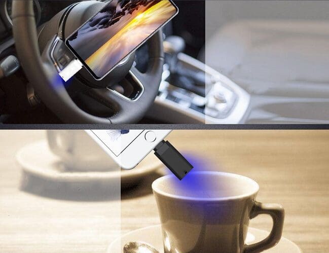 Collage of a smartphone in a car holder and a smartphone getting charged by a cup emitting blue light.
