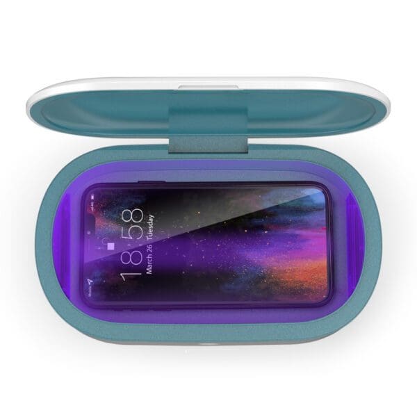 A smartphone displayed inside a compact mirror gadget with a teal and purple casing, showing a vibrant cosmic wallpaper on its screen.