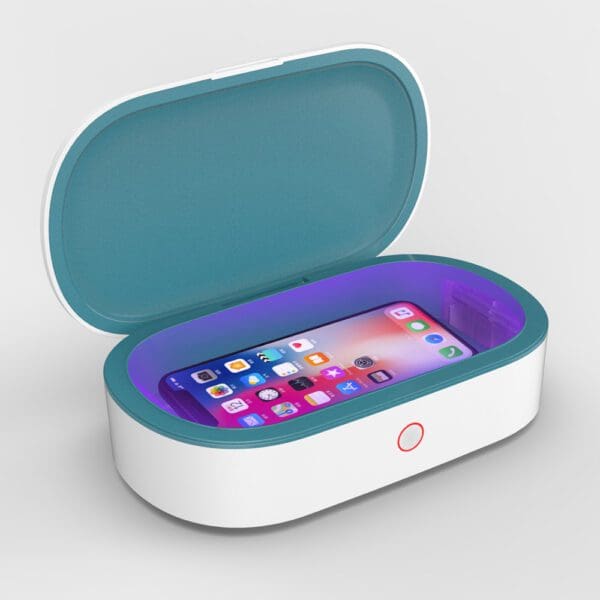 A smartphone inside an open, oval-shaped uv sterilization box with a glowing purple light, indicating active disinfection.