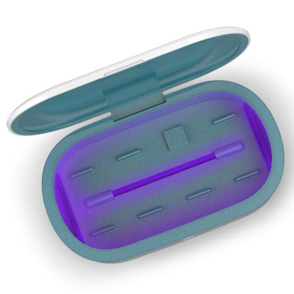 Illustration of a futuristic, glowing purple pill inside a teal and purple pillbox, viewed from above with the lid partially open.