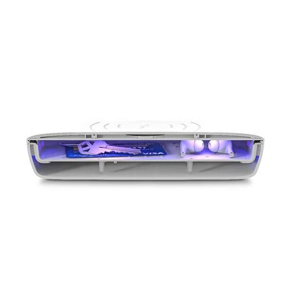 White robotic vacuum cleaner with transparent top showing internal components and blue led lights.