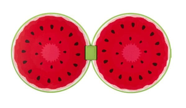 Two watermelon slice-shaped kitchen sponges connected by a green hinge, isolated on a white background.