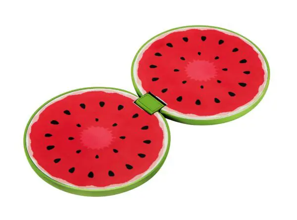 Two plush watermelon slices with seeds, cutely styled, shown against a white background.