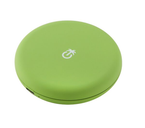 A lime green, round compact case with a white power symbol on the top, isolated on a white background.