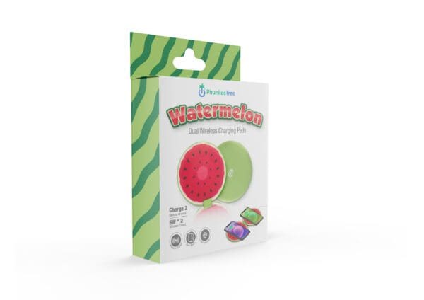 Packaging for "funkeetree watermelon" dual wireless charging pads with a watermelon design, displayed in a colorful box with a green and white pattern.