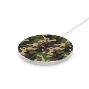 A camouflage patterned wireless charging pad with a white border and cable, and a small green indicator light on.