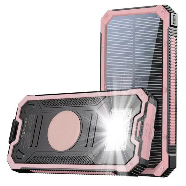 Pink and black rugged solar power bank with an illuminated led light on a white background.