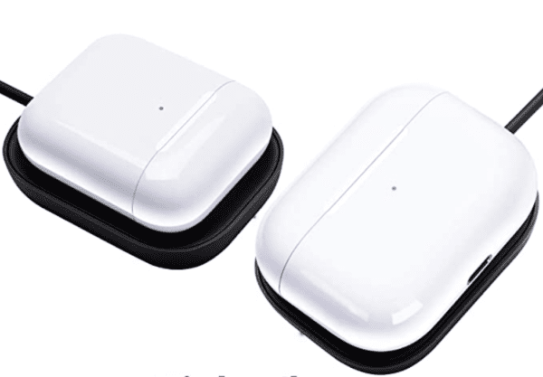 Two white wireless earbuds charging cases on black mats, linked by cables, viewed from above.