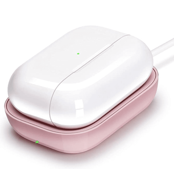 A white computer mouse on top of a pink computer mouse, both with a green indicator light, set against a white background.