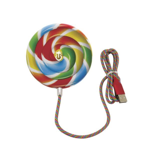 Usb charging cable designed to look like a colorful lollipop, with a spiral pattern and a multicolored braided cord.