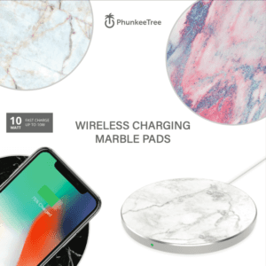 Advertisement for phunkeetree wireless charging marble pads, featuring images of three wireless chargers with marble designs and a phone charging on one.