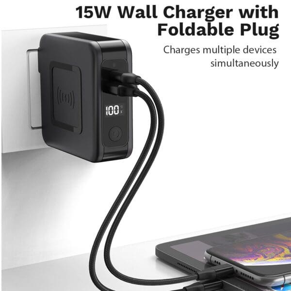 A 15w wall charger with a foldable plug attached to a white wall, displaying "100%" on its screen, charging multiple devices simultaneously.