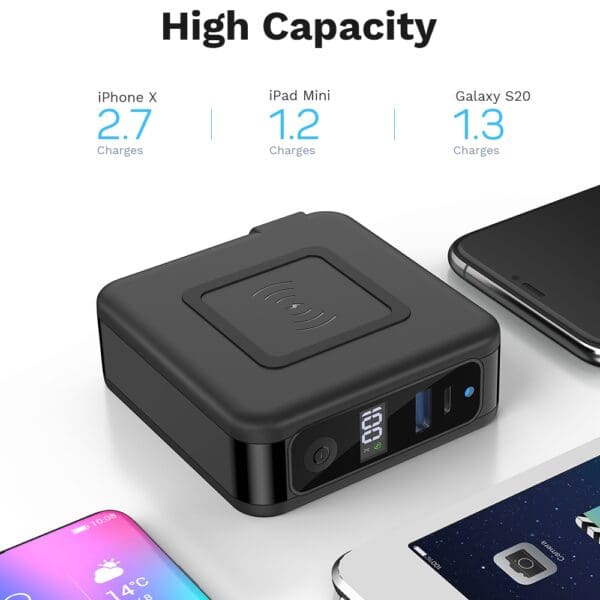 A portable charger with a wireless charging pad, displaying its capacity to charge an iphone x, ipad mini, and galaxy s20, surrounded by the three devices.