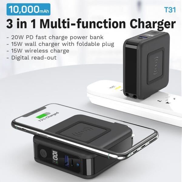 3 in 1 multi-function charger featuring a 20w pd power bank, 15w wall charger, and 15w wireless charge, with a digital read-out, charging a smartphone.