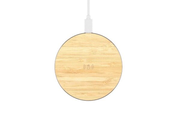 A wireless charging pad with a bamboo finish and a charging indicator icon, suspended by a white usb cable against a white background.