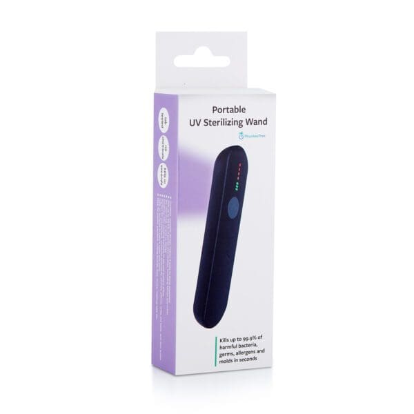 A portable uv sterilizing wand in a packaging box, displaying product features and claiming to kill up to 99% of germs quickly.