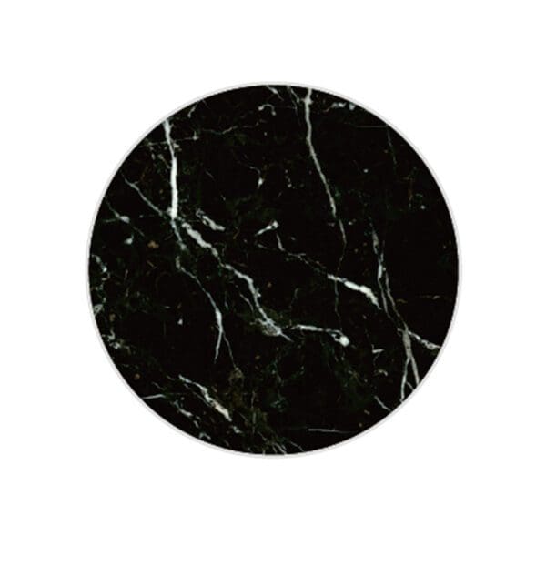 A circular image featuring a black marble pattern with white veining.
