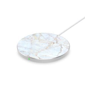 A marble-patterned wireless charging pad with a white cable and a small green indicator light, isolated on a white background.