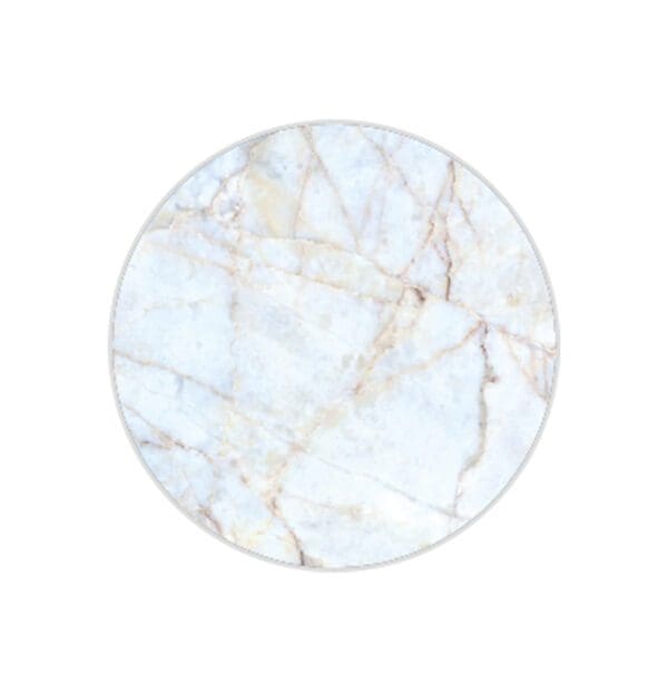 Round marble coaster with a white background and natural beige vein patterns.