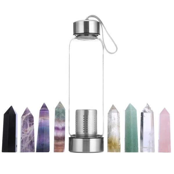 A transparent water bottle with a stainless steel cap and base, featuring a variety of colorful crystal points displayed in front.