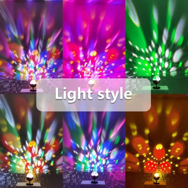 A collage of six images showcasing colorful light projections from a single source, creating vibrant patterns on a backdrop, labeled "light style.