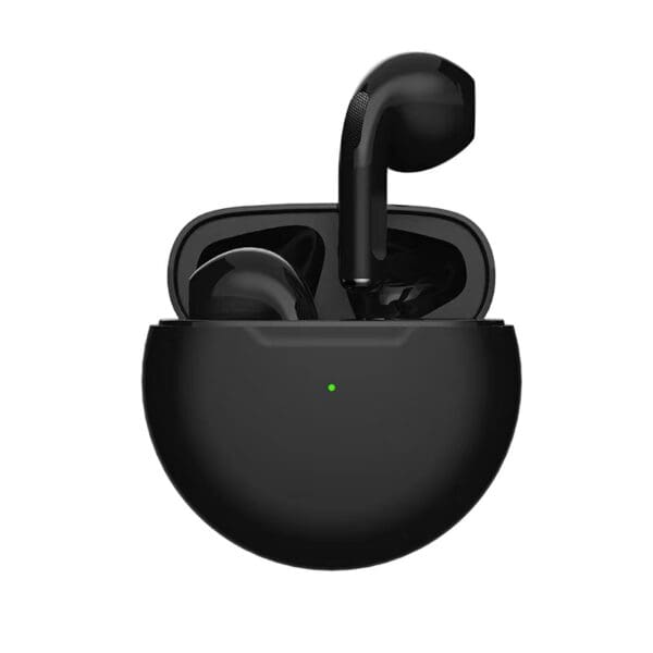 Black wireless earbuds in an open charging case with a green indicator light, isolated on a white background.