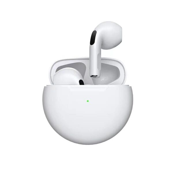 White wireless earbuds with one placed partially out of its charging case, featuring a small green light indicator on the front.