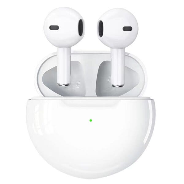 White wireless earbuds in an open charging case with a small green light indicator.