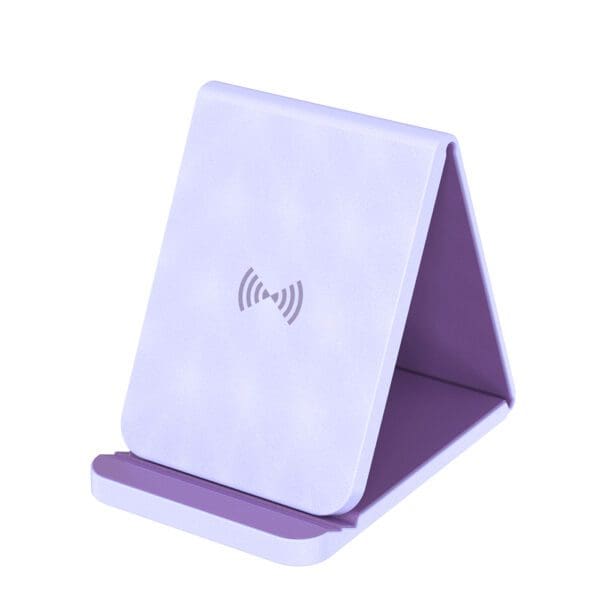 A purple phone holder with a wireless charging pad.