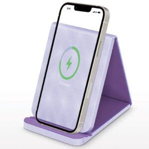 A purple phone holder with a green light on it.