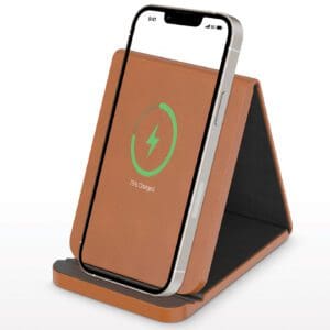 A brown leather phone holder with an image of a green arrow.