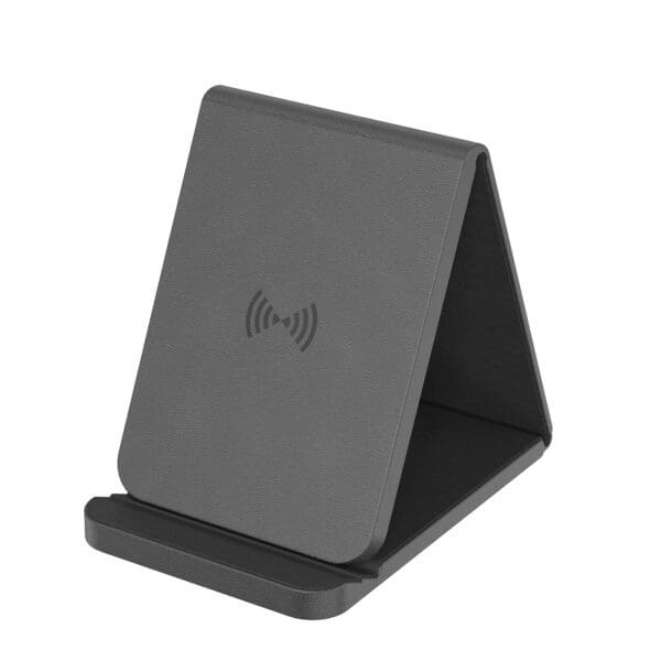 A black phone holder with a wireless charger.