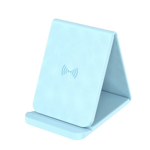 A blue phone holder with a wireless charger.