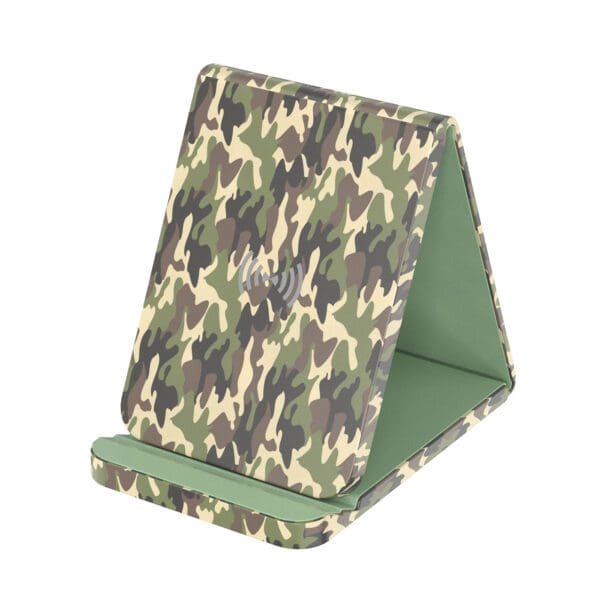 A green and white camouflage phone holder.