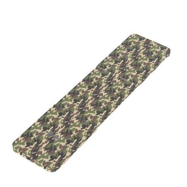 A rectangular shaped mat with camouflage pattern.