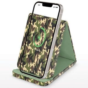 A phone holder with a camouflage pattern on it.