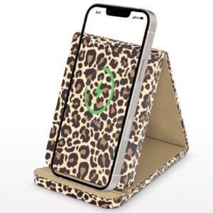 A phone holder with a leopard print pattern.