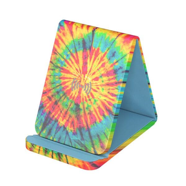 A colorful tie dye phone stand with the name " hippie ".