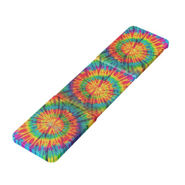 A colorful tie dye pattern on a yoga mat.