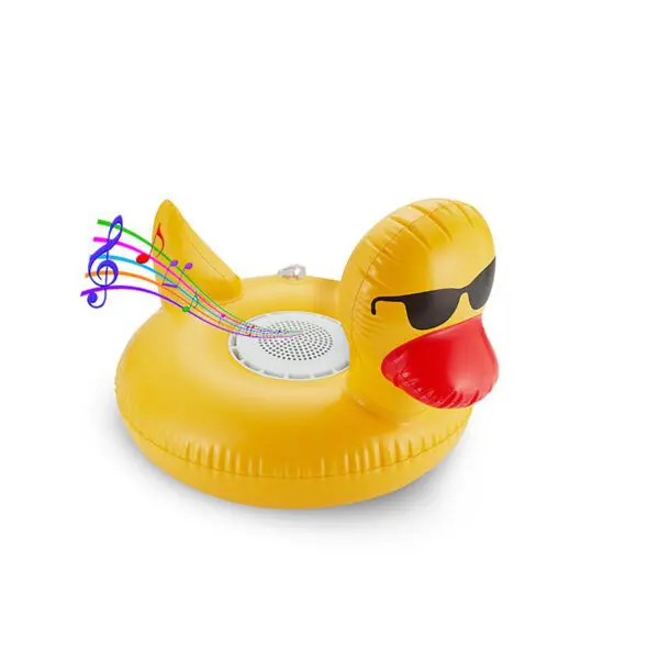 Yellow rubber duck-shaped pool float with built-in speakers and sunglasses, emitting colorful musical notes, isolated on white background.